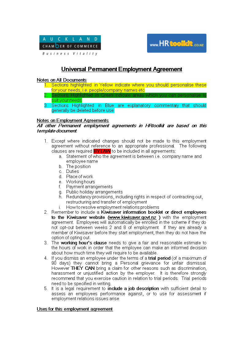 Permanent Employment Agreement 模板
