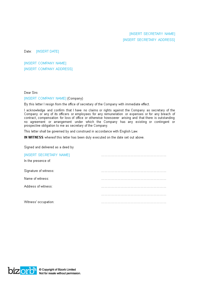 Corporate Secretary Resignation Letter Word main image