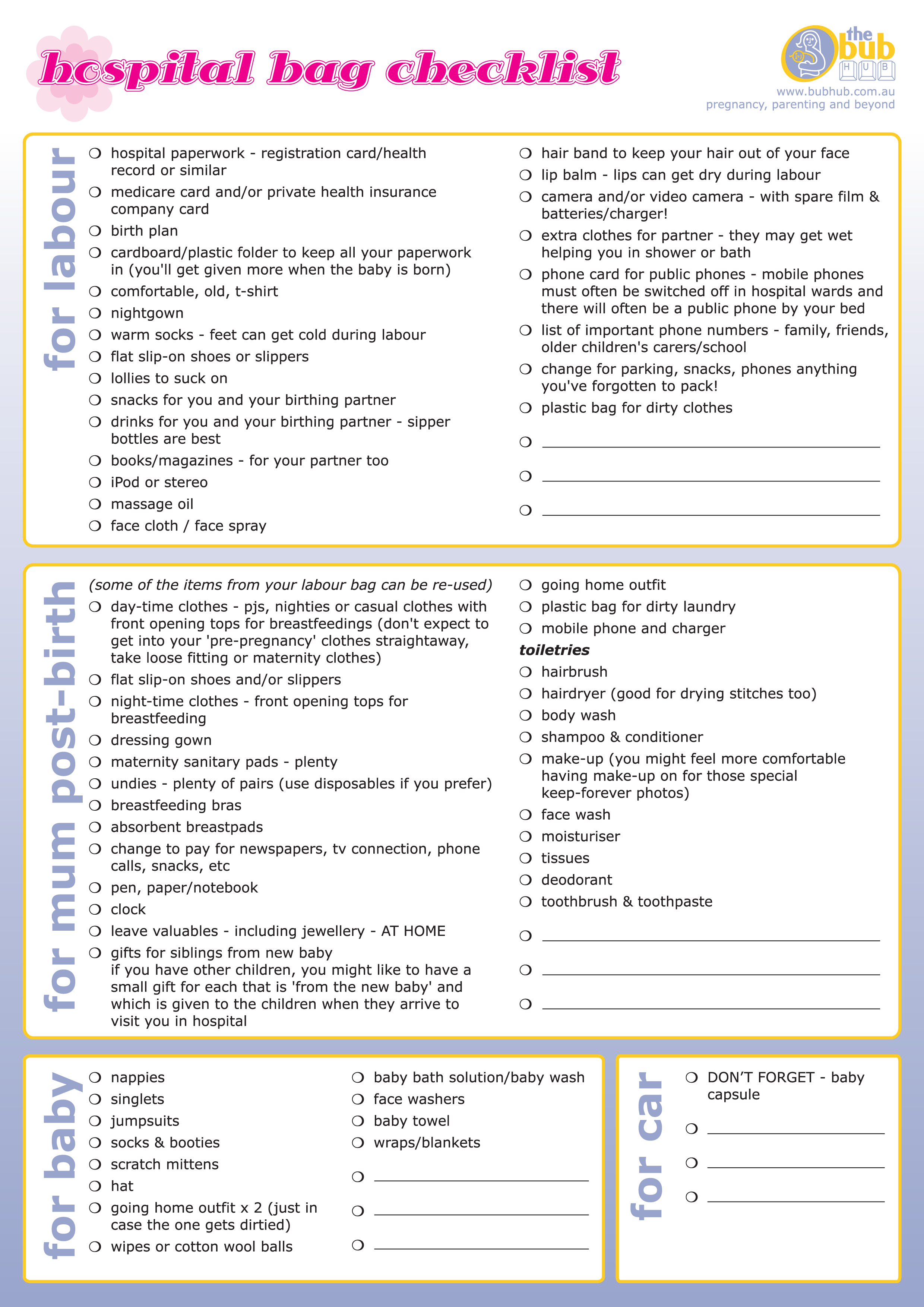 new baby hospital checklist modèles