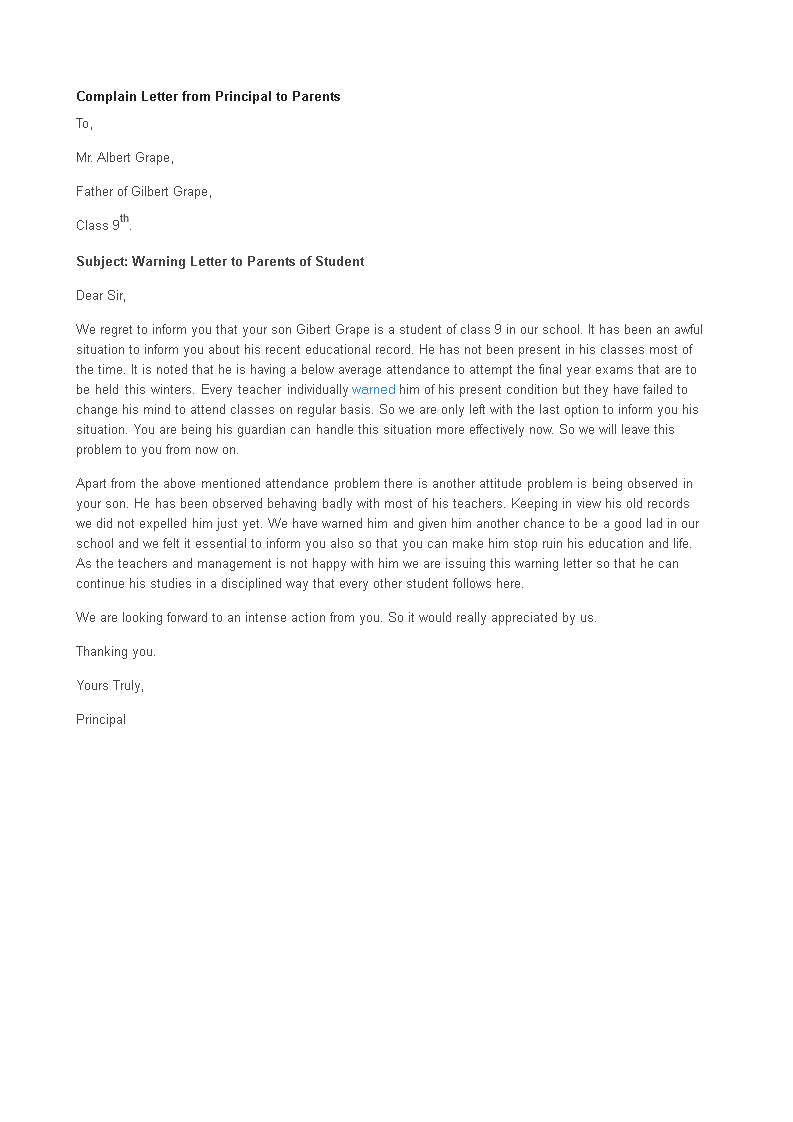 Letter of Complaint to Parents main image