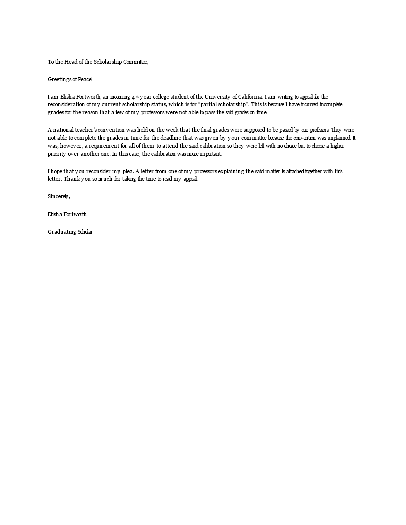 scholarship appeal letter template