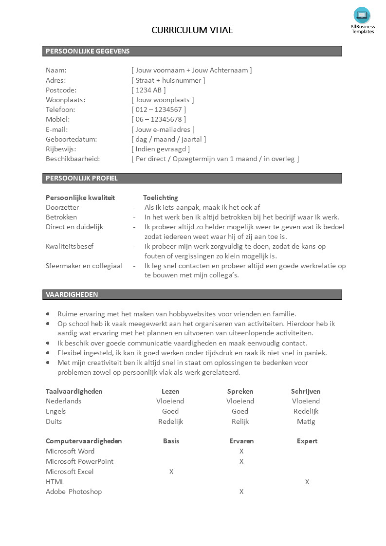 curriculum vitae moderne stijl voorbeeld afbeelding 