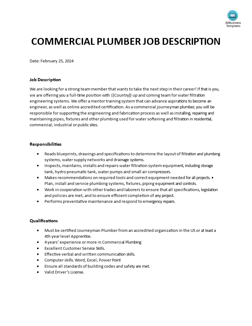 Commercial Plumber Job Description 模板