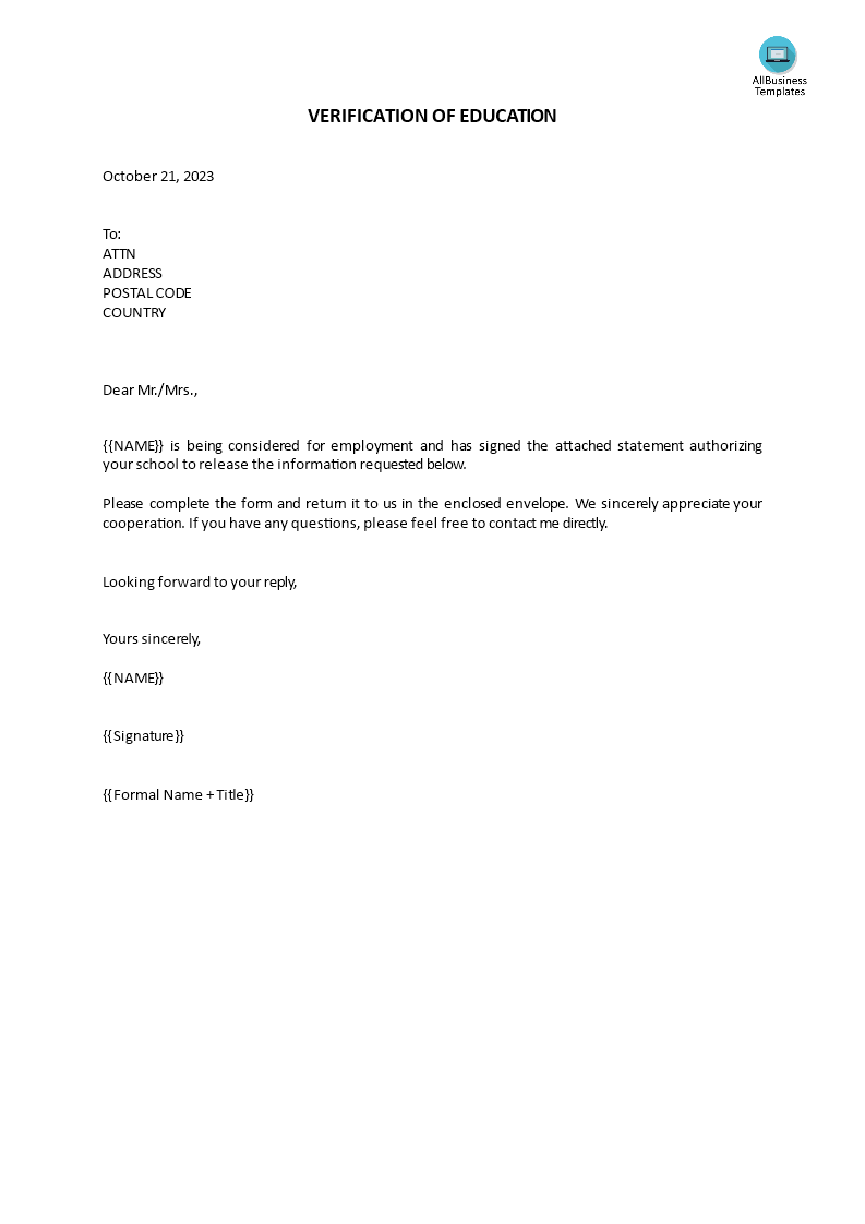 verification of education letter template