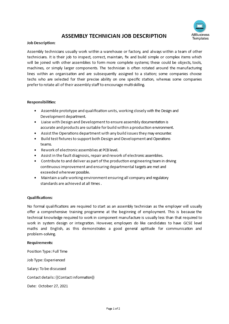 assembly technician job description voorbeeld afbeelding 