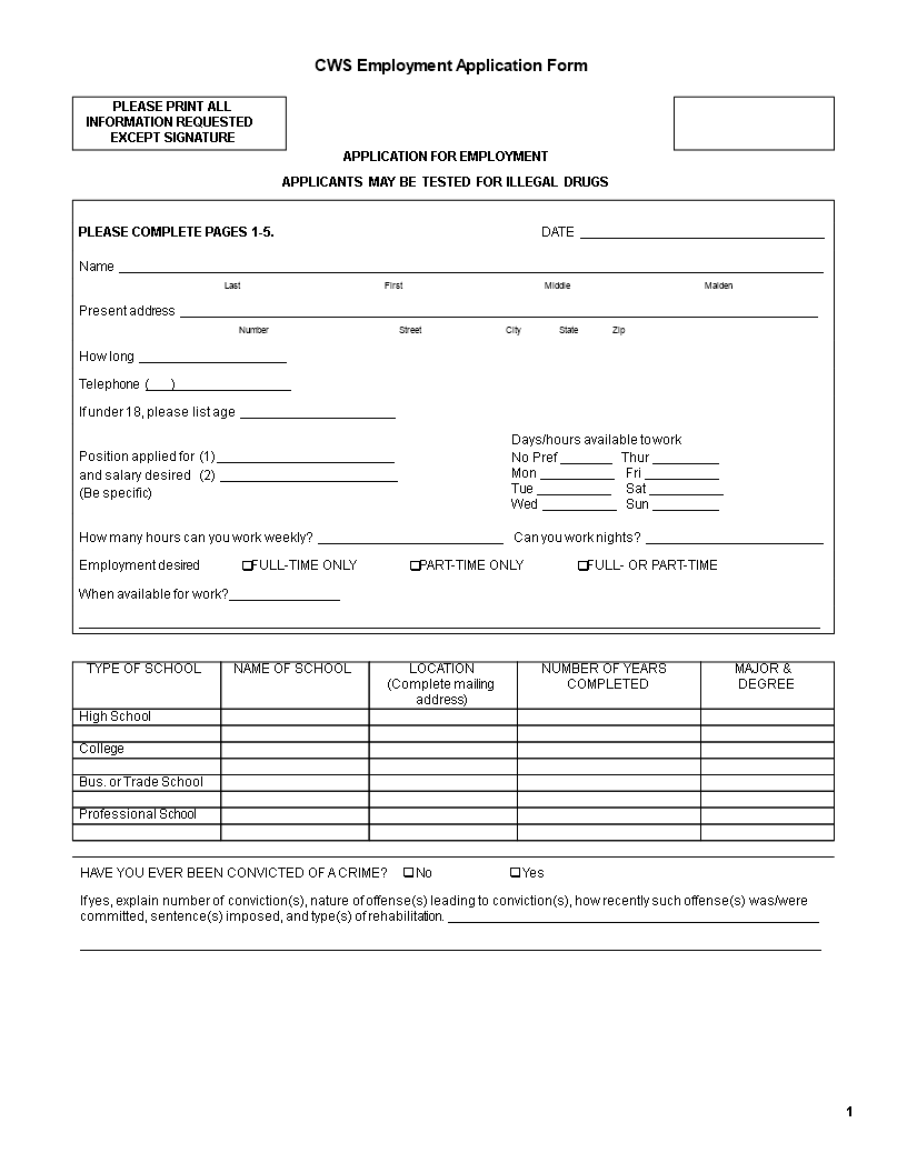 company employee application form template