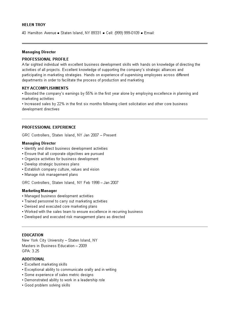 executive managing director resume modèles