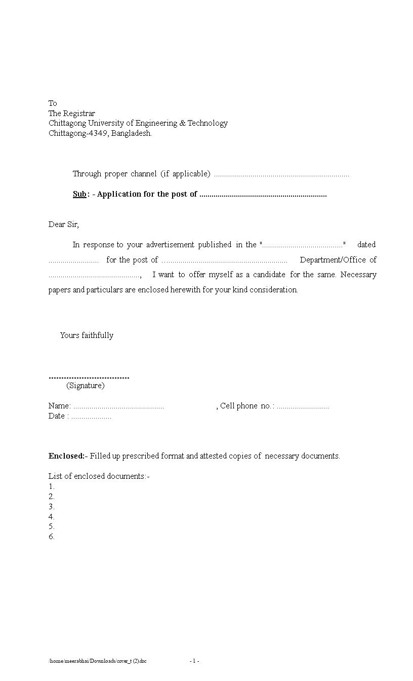 application letter blank format