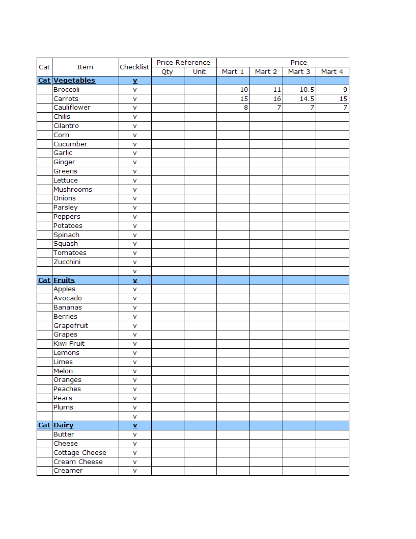 Grocery List Spreadsheet 模板