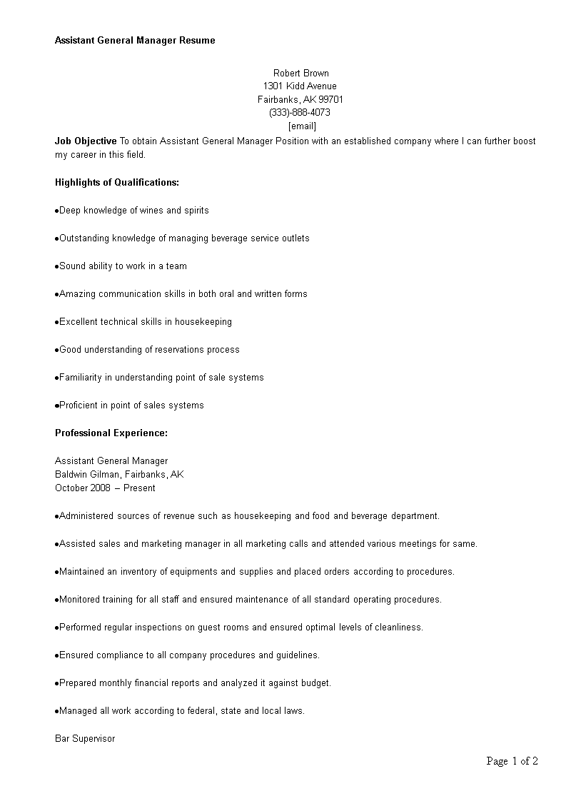 Assistant General Manager CV sample main image