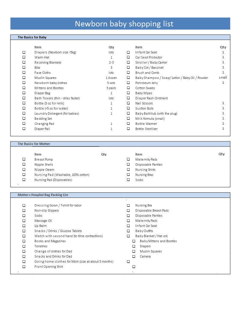 Newborn baby shopping list 模板