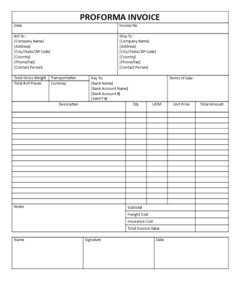 Kostenloses Proforma Invoice template word For Commercial Invoice Template Word Doc