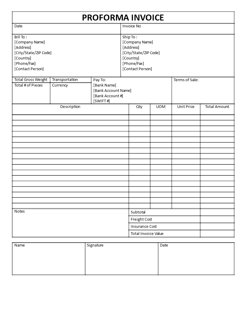 proforma invoice template word Hauptschablonenbild