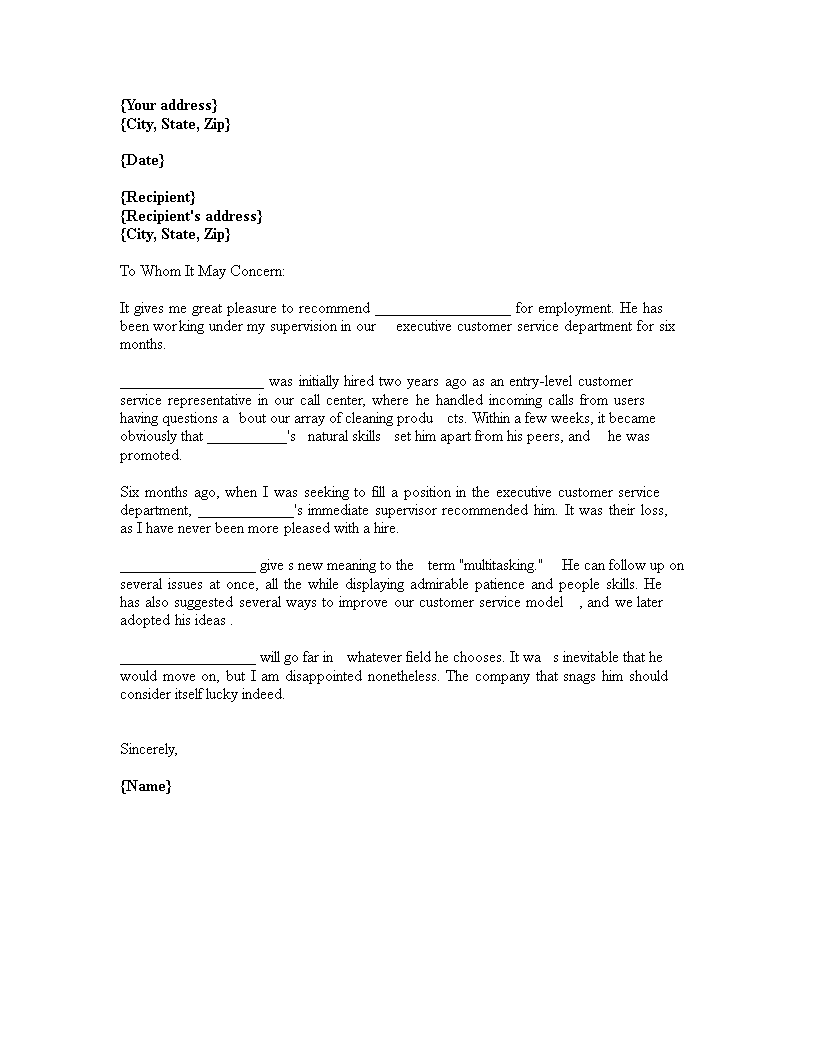 customer service recommendation letter template