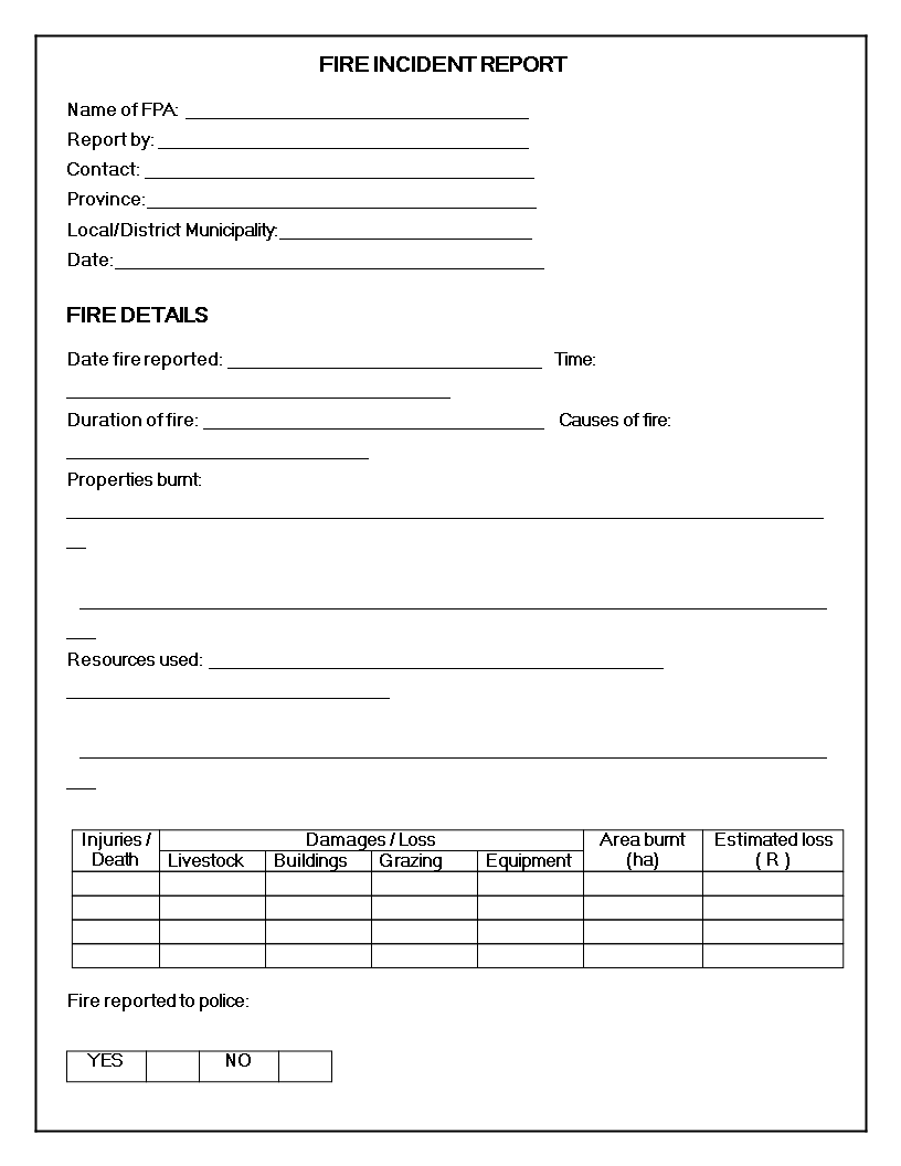 Kostenloses Fire Incident sheet For Police Incident Report Template