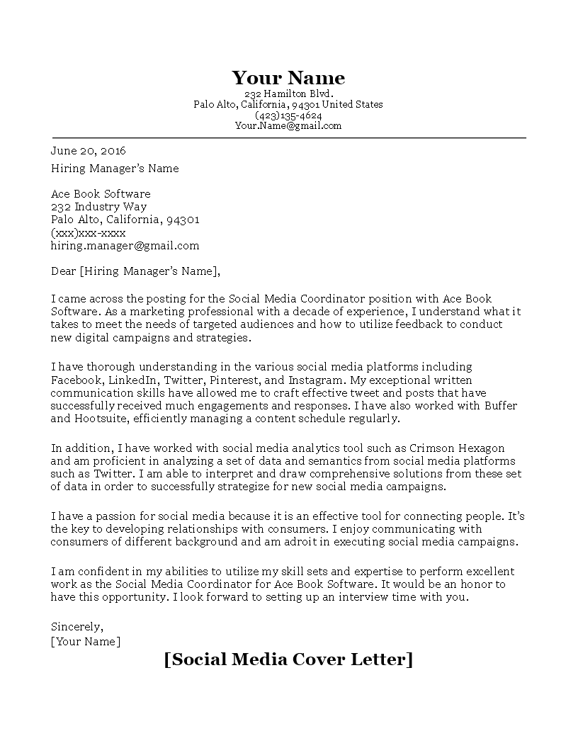 Social Media Manager Cover Letter Database Letter