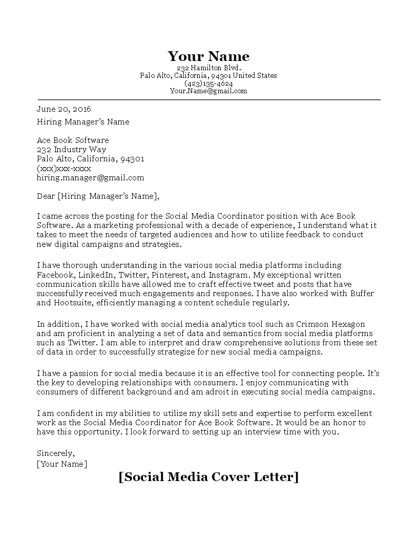 social media cover letter template