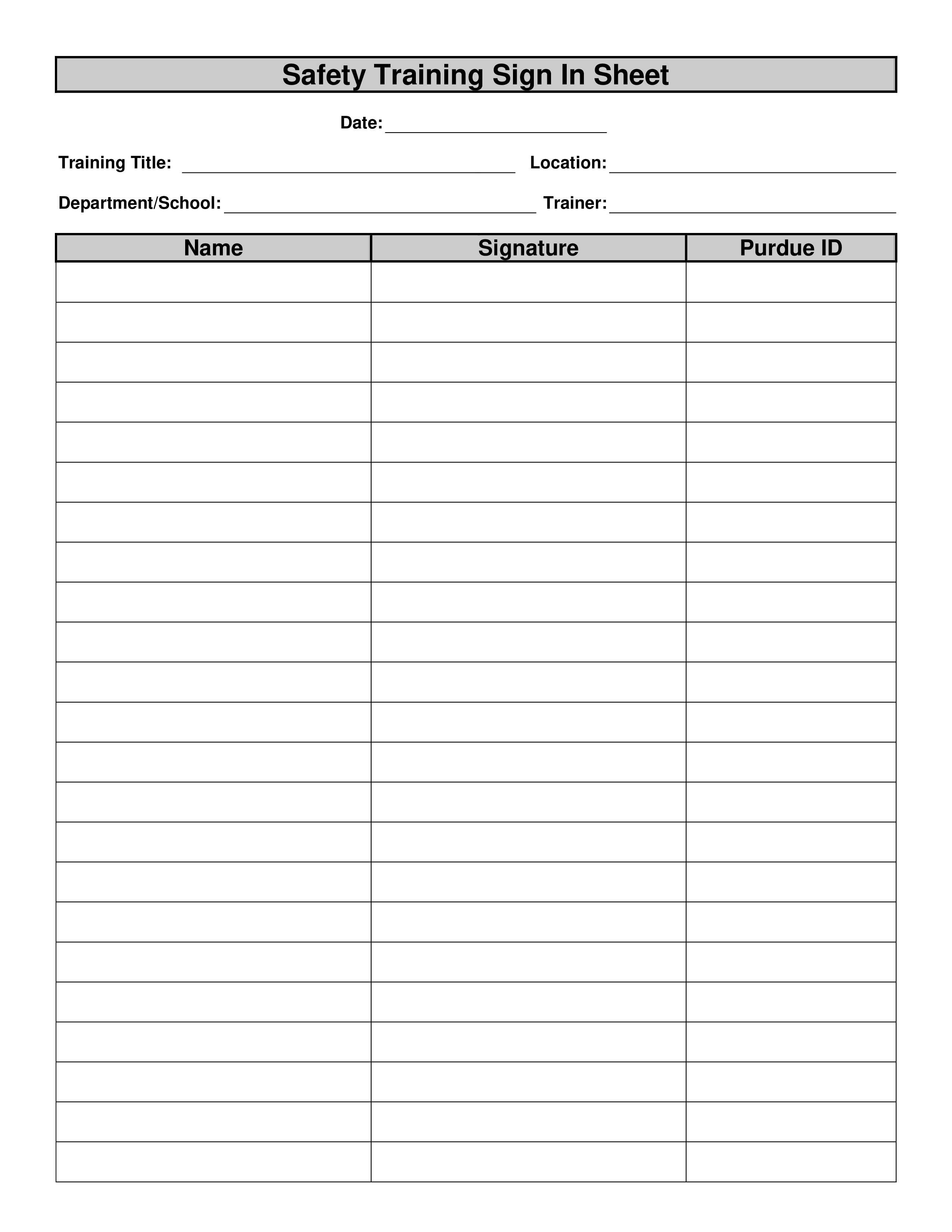 Safety Training Sign In Sheet 模板