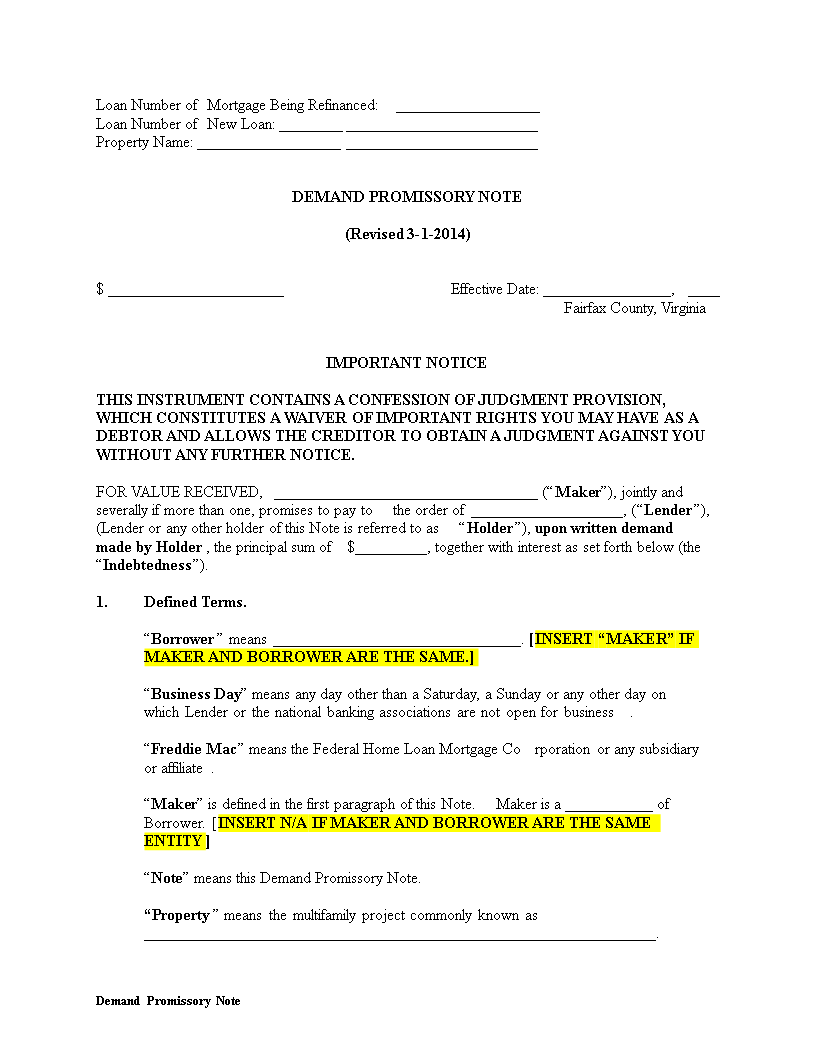 demand promissory note template