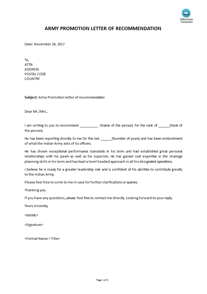 Army Promotion Letter Of Recommendation main image