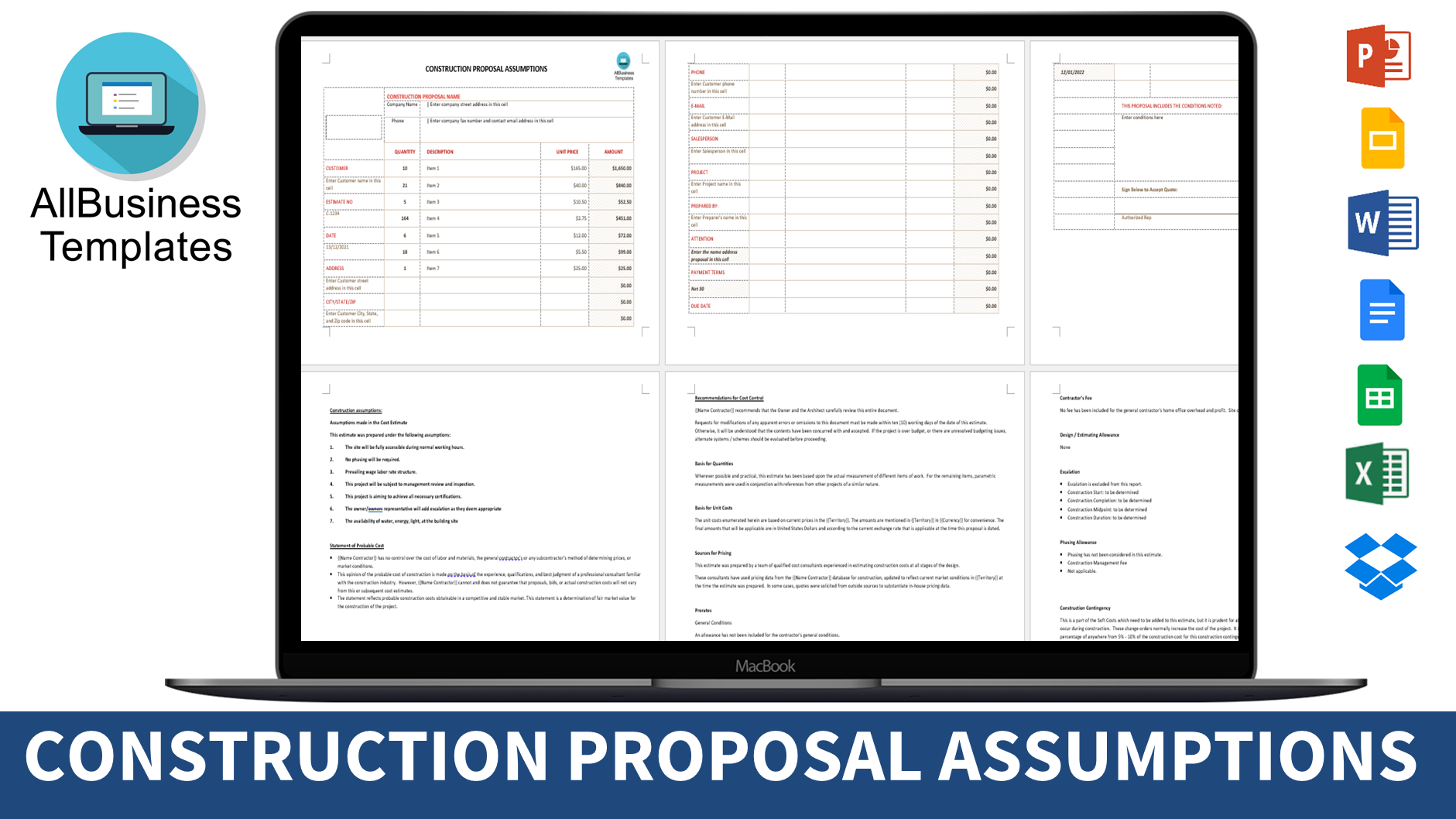 construction proposal assumptions example modèles