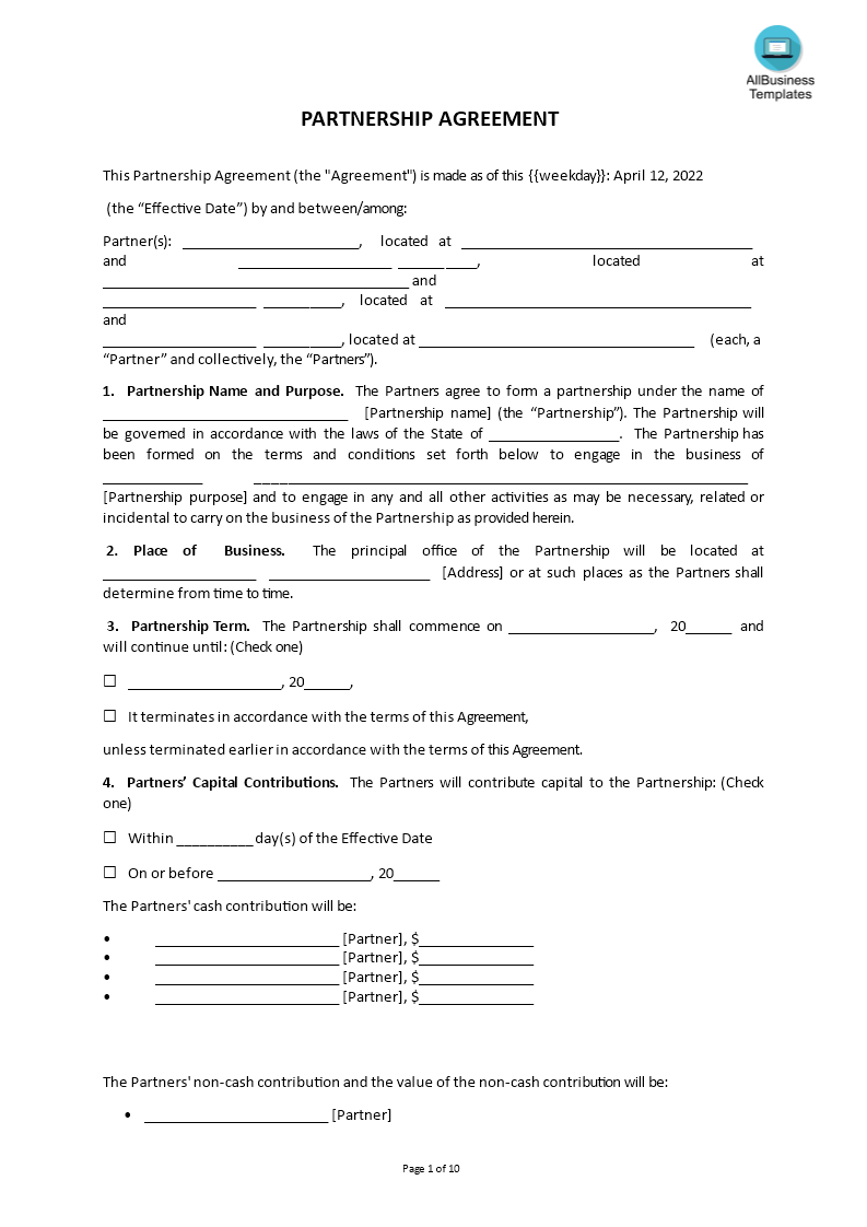 business partnership agreement template