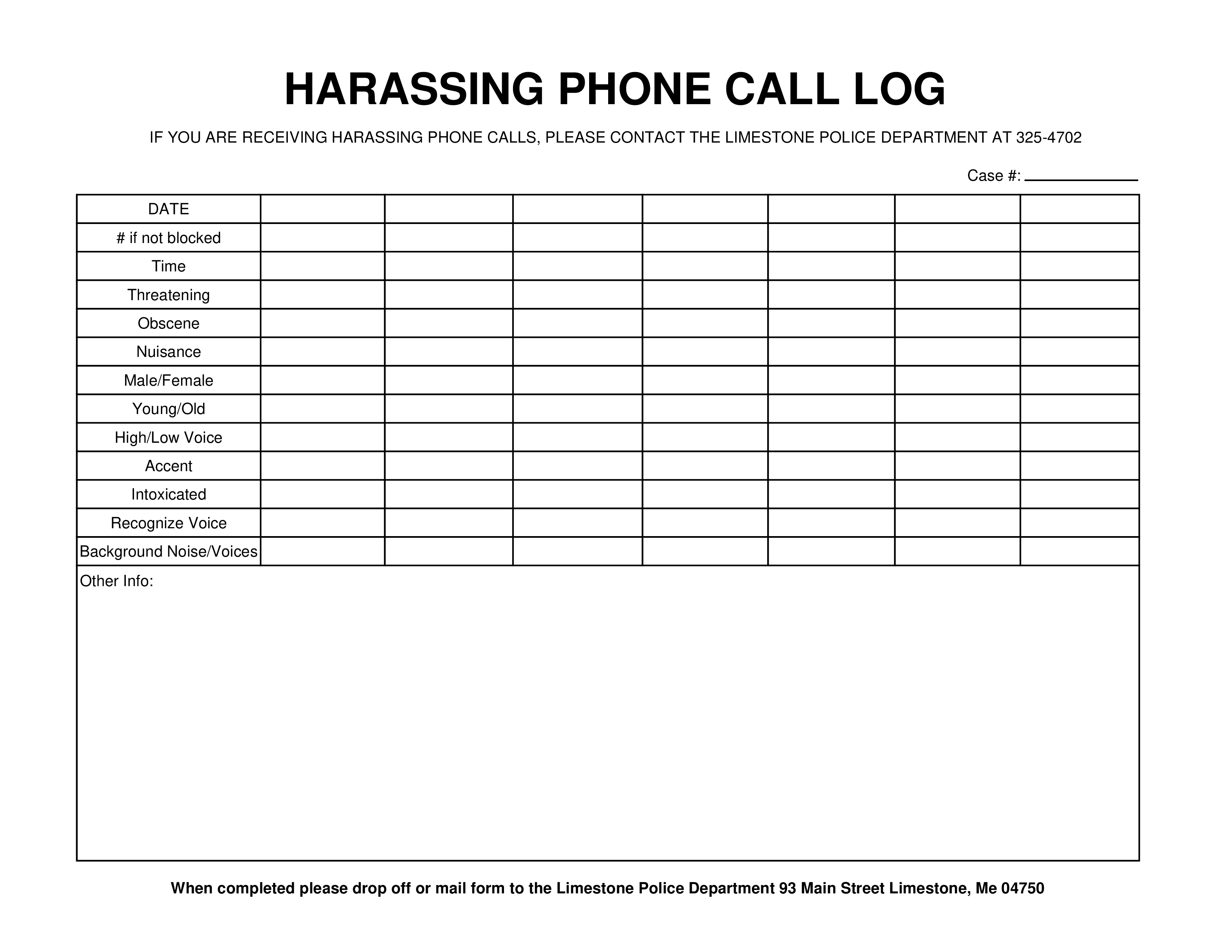 harassing phone call log template