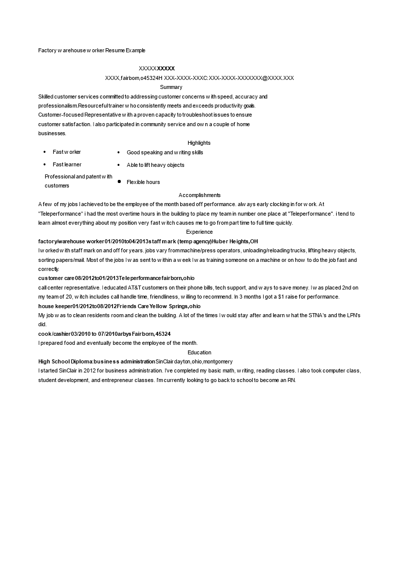 Factory Warehouse Worker Resume main image