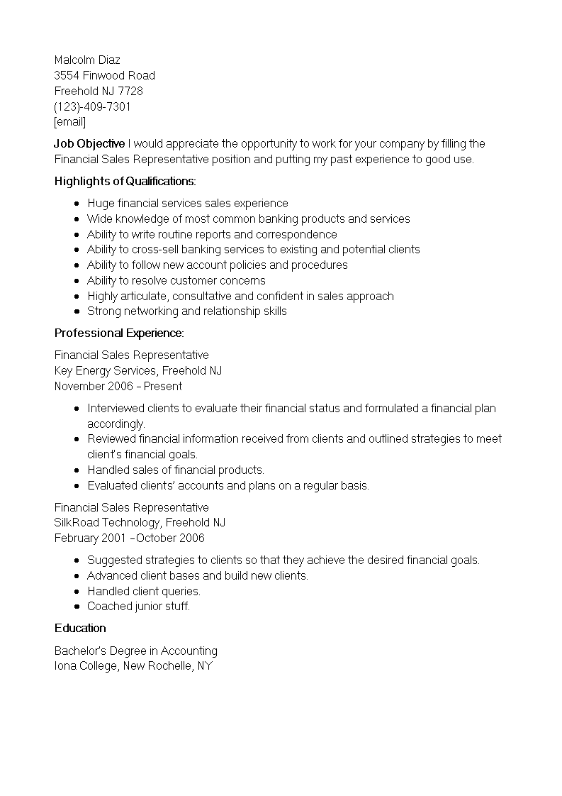 financial sales representative resume template