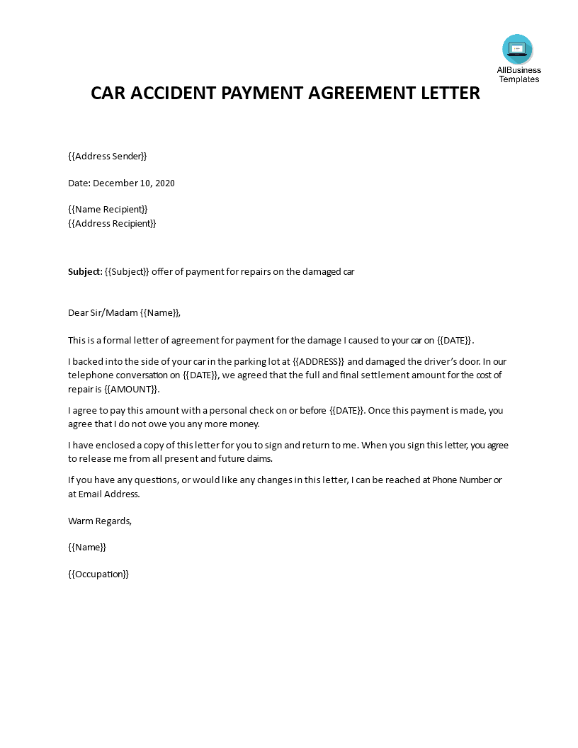 Kostenloses Car accident payment agreement letter sample