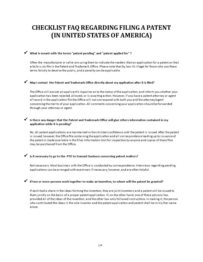 checklist faq about patents usa template