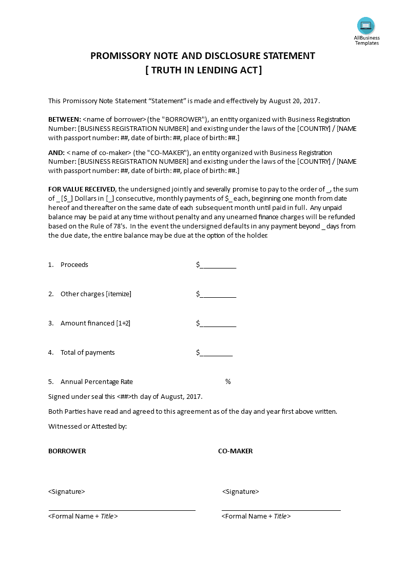 promissory note and disclosure statement plantilla imagen principal