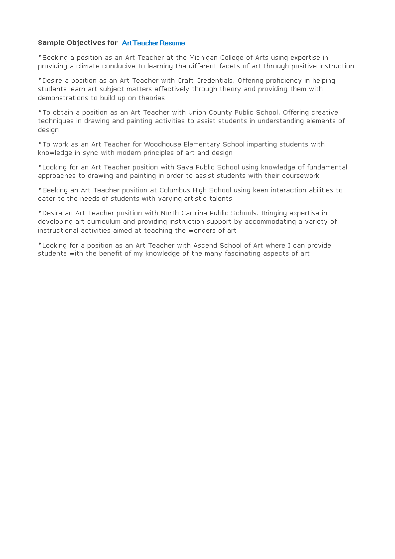 art teacher resume objective template