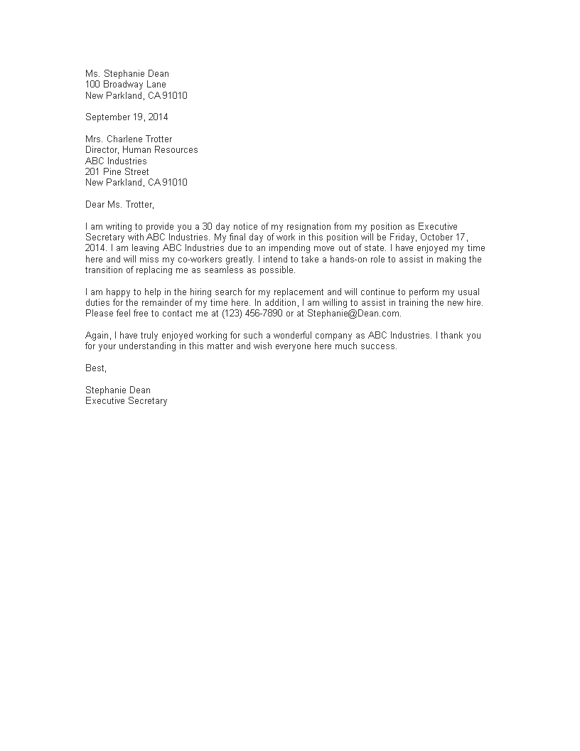 resignation letter 30 days notice template