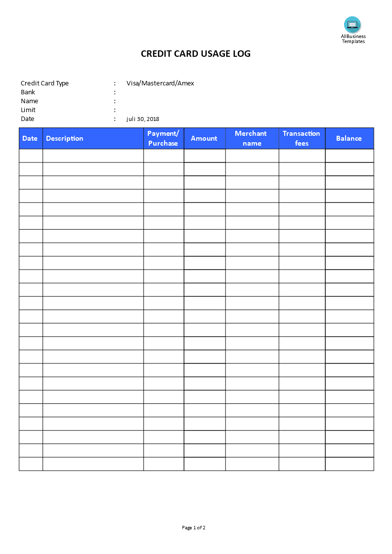 Credit Card Use Log  Templates at allbusinesstemplates.com Within Credit Card Payment Spreadsheet Template