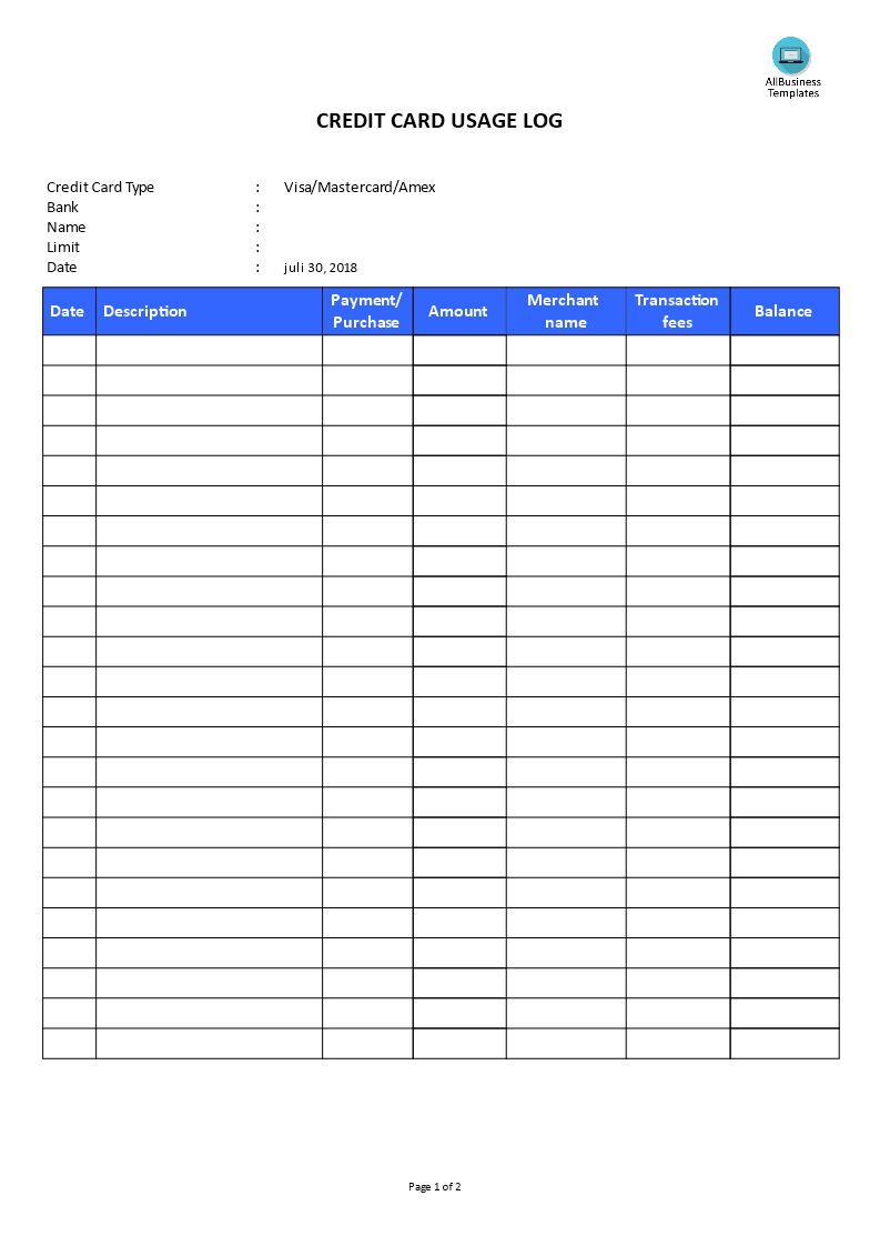 Credit Card Use Log Templates At Allbusinesstemplates