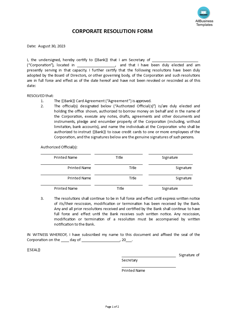 Corporate resolution form main image