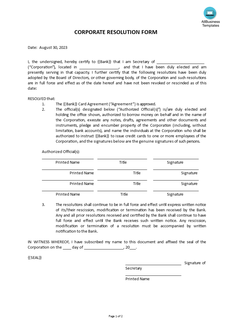 corporate resolution form plantilla imagen principal