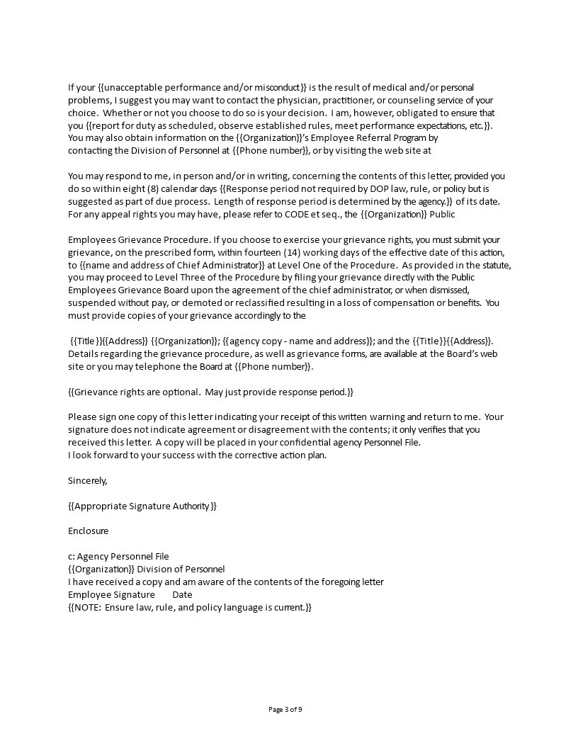 Kostenloses Warning Letter For Poor Work Performance In Company