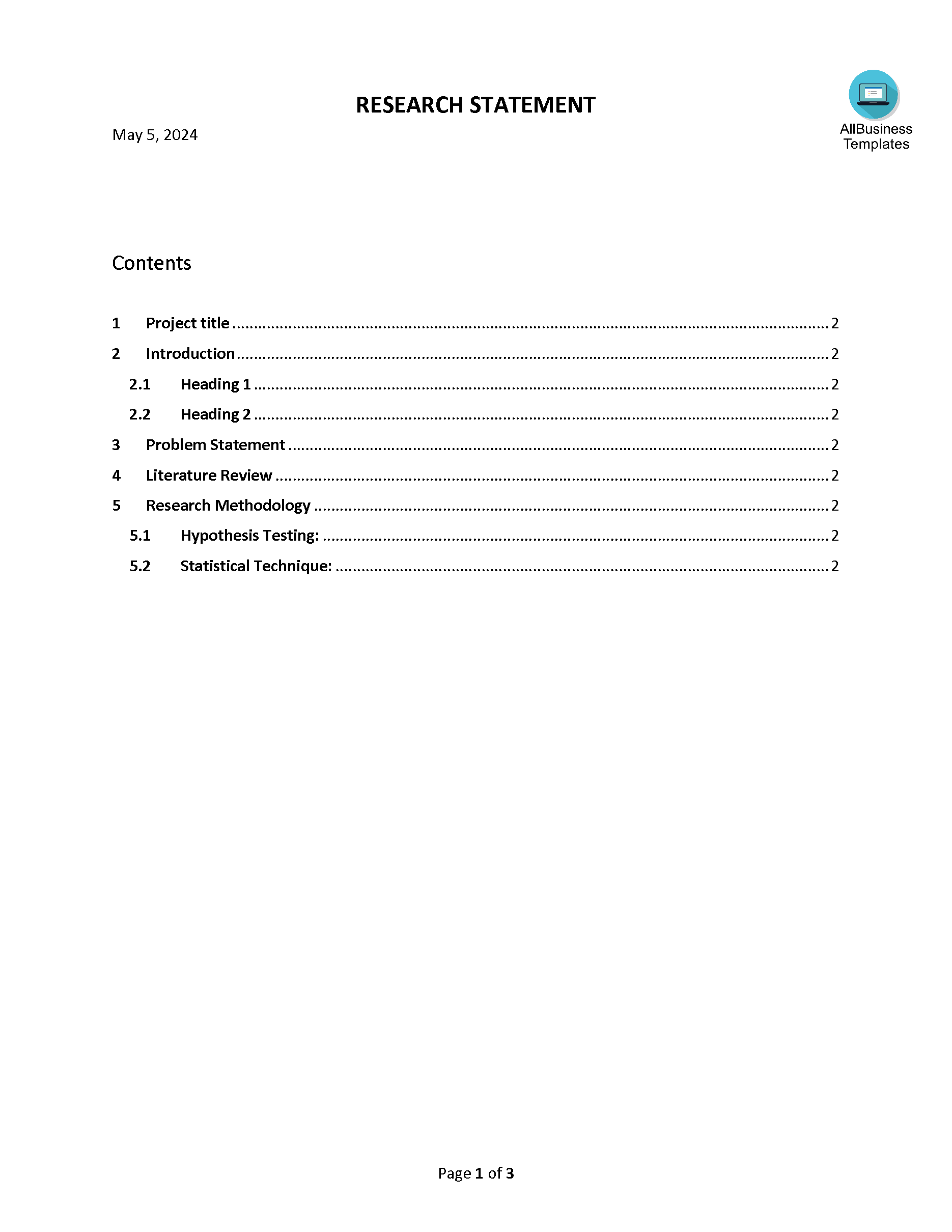 免费 Research Statement sample | 样本文件在 allbusinesstemplates.com