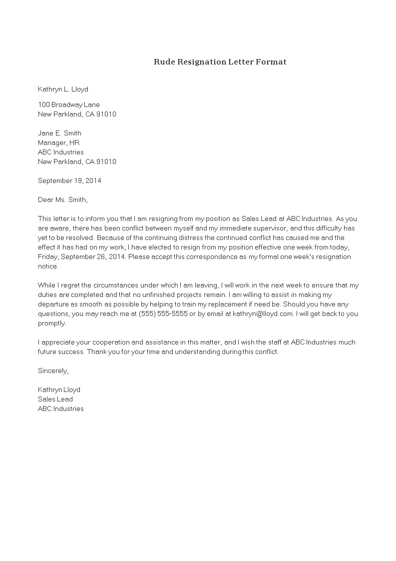 rude resignation letter template template