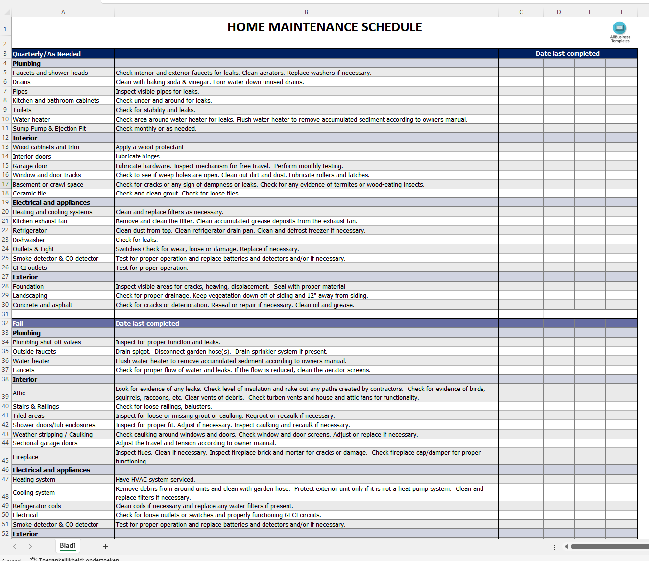 Printable Home Maintenance Schedule 模板