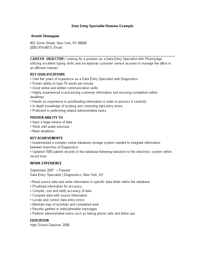 Data Entry Specialist Work Resume 模板