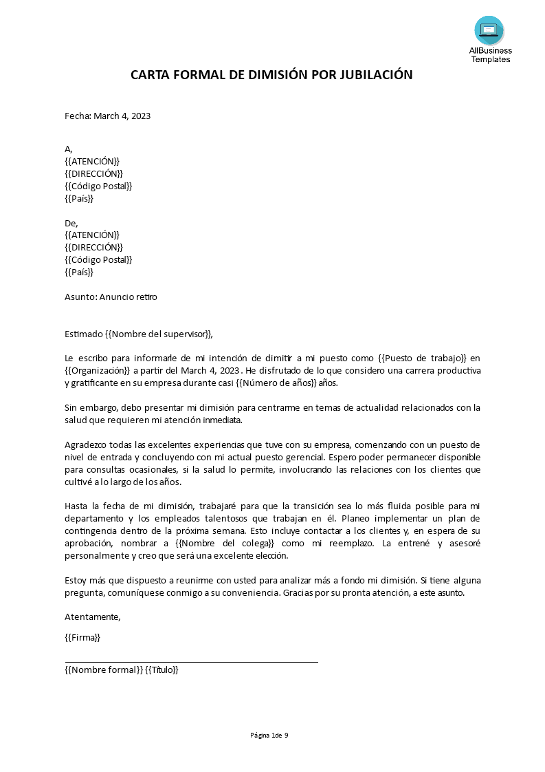 carta formal de dimisión por jubilación Hauptschablonenbild