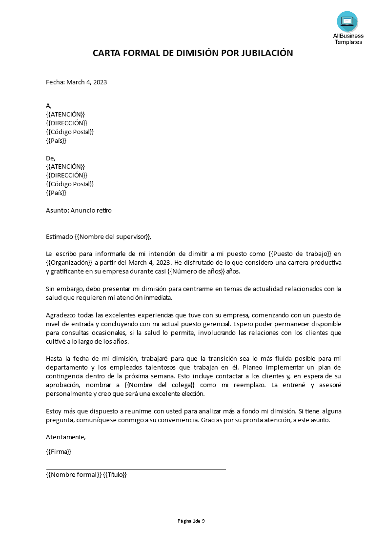 Carta Formal de Dimisión por Jubilación main image