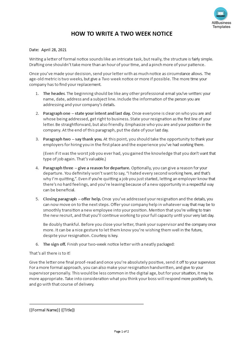 How To Write A Two Week Notice Templates At Allbusinesstemplates