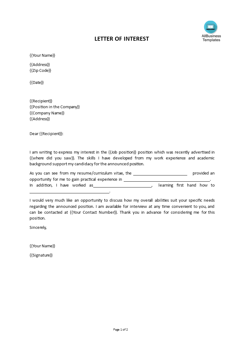 letter of interest for a job template