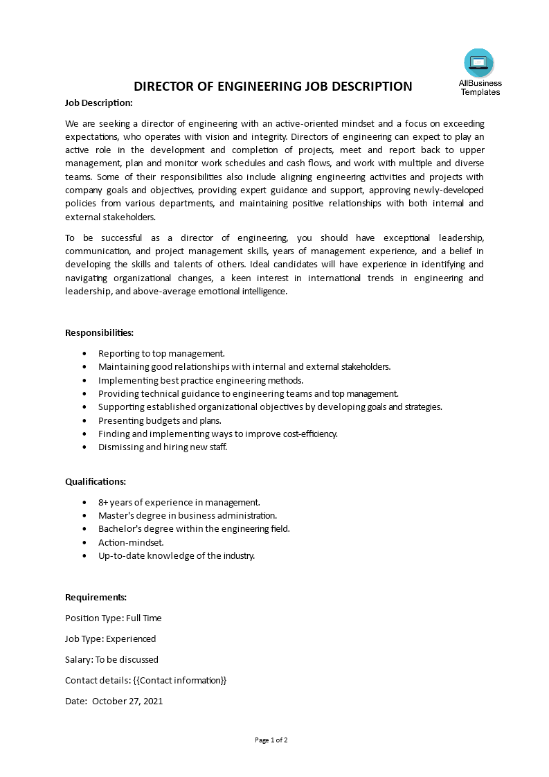 director of engineering job description voorbeeld afbeelding 