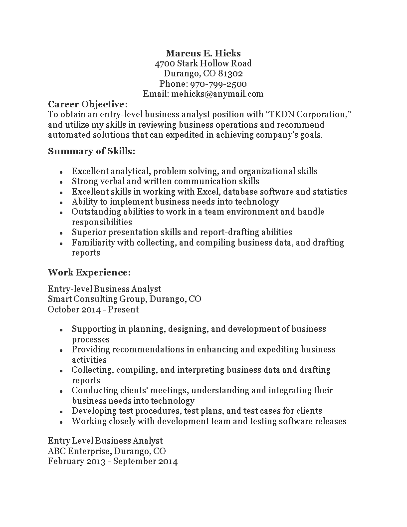 Entry Level Business Analyst Resume main image