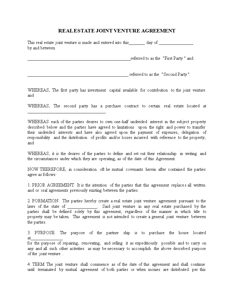 Kostenloses Real Estate Business Partnership or Joint Venture Regarding joint account agreement template Kostenloses Real Estate Business Partnership or Joint Venture Regarding joint account agreement template